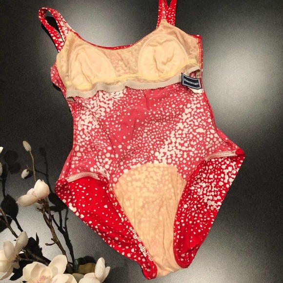 Vintage Mainstream Bow Front Red White Dot One Piece Swimsuit USA 80s 90s - Picture 9 of 13